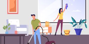 two people man and woman characters cleaning living room apartment together house work concept vector flat graphic design cartoon