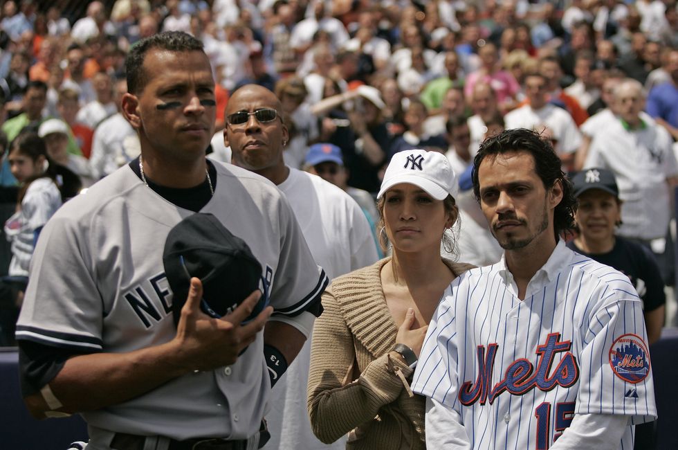 actress jennifer lopez and husband marc anthony with new york yankee alex rodriguez before a subway series game between the new york mets and the new york yankees at shea stadium in queens, new york on saturday may 21, 2005 the mets beat the yankees 7 1 photo by mike ehrmannwireimage