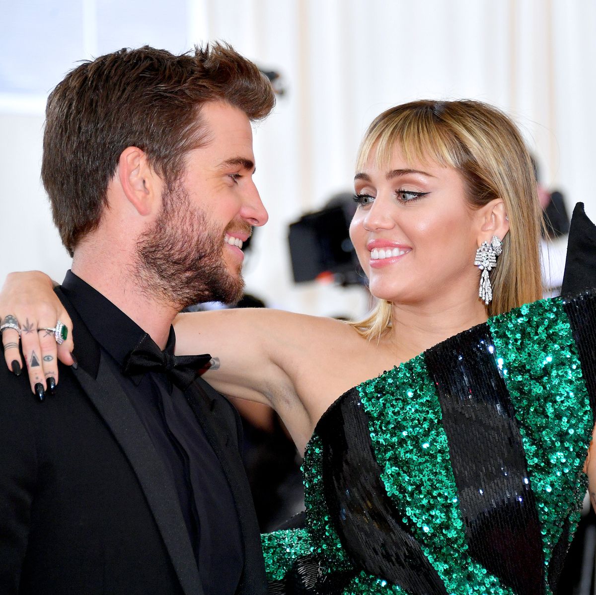 new york, new york   may 06 liam hemsworth and miley cyrus attend the 2019 met gala celebrating camp notes on fashion at metropolitan museum of art on may 06, 2019 in new york city photo by dia dipasupilfilmmagic