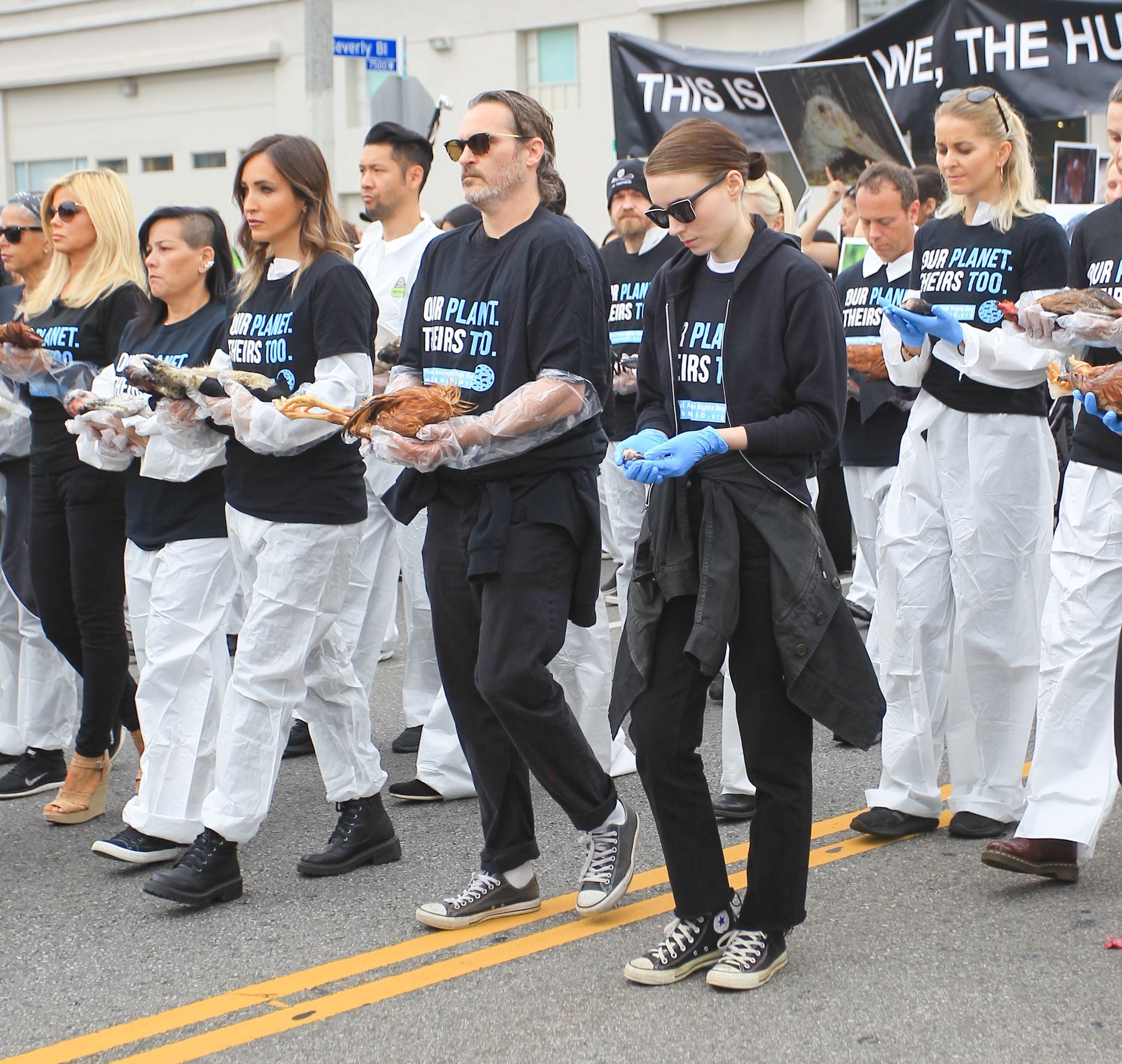 los angeles, ca   june 02 joaquin phoenix and rooney mara lead a procession for national animal rights day on june 2, 2019 in los angeles, california  photo by bg69bauer griffingc images