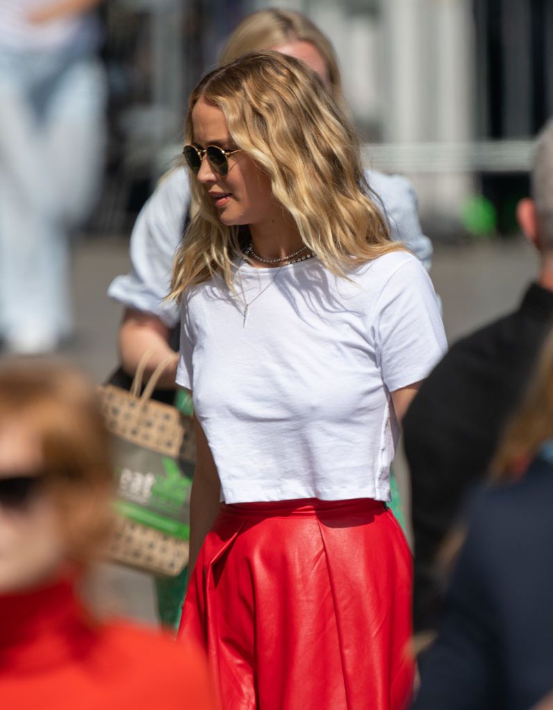 Jennifer Lawrence in red skirt