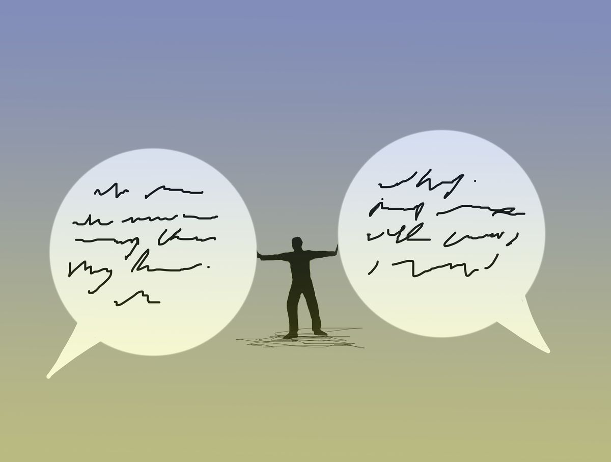 conceptual illustration of a man keeping two speech bubbles apart depicting arbitration, referee