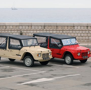 nice, france   may 21, 2019 two citroen mehari side view, french retro cars parked in a parking lot in nice on the french riviera, red and beige colors
