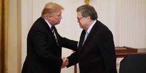 washington, dc   may 22 us president donald trump l shakes hands with attorney general william barr before presenting the public safety officer medal of valor during a ceremony in the east room of the white house may 22, 2019 in washington, dc comparable to the militarys medal of honor, the medal of valor was established in 2000 by president bill clinton photo by chip somodevillagetty images