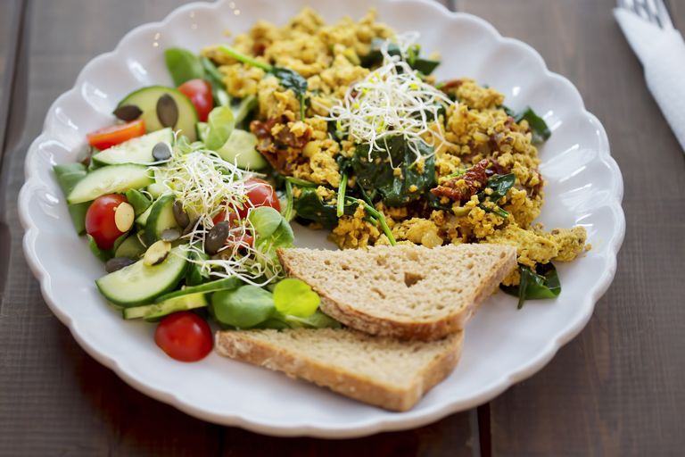 weight loss breakfast tofu scrambled eggs with sun dried tomatoes  spinach and tomato  cucumber salad, with bread