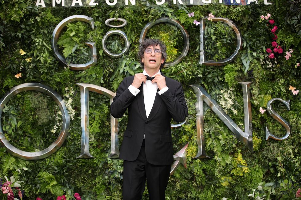 london, england   may 28 neil gaiman attends the global premiere of amazon original good omens at odeon luxe leicester square on may 28, 2019 in london, england photo by mike marslandwireimage