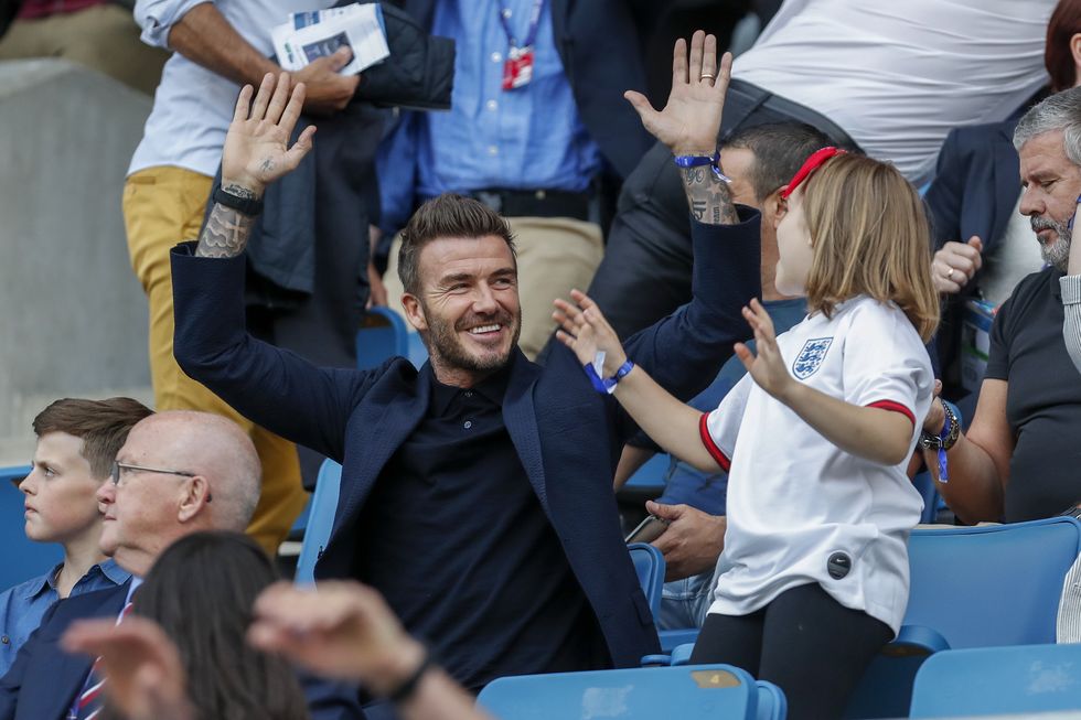 le havre, france   june 27 david beckham and his daughter harper beckham enjoy the atmosphere during the 2019 fifa womens world cup france quarter final match between norway and england at stade oceane on june 27, 2019 in le havre, france photo by catherine steenkestegetty images