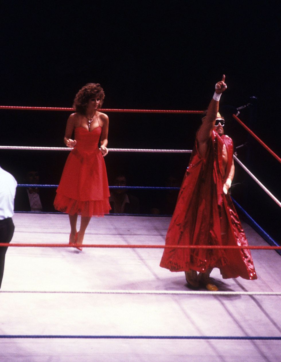"Macho Man" Randy Savage enters the ring with Miss Elizabeth before a 1987 WWF match against Sika at Madison Square Garden in New York City