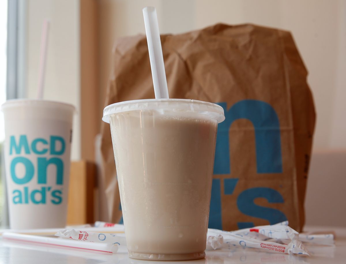 28 june 2019, berlin a plastic cup with a shake, a soft drink cup and a paper bag on a table, taken at a mcdonalds store the fast food chain mcdonalds wants to produce less plastic waste for example, desserts are to be sold in the course of the coming year in more sustainable packaging almost without plastic already this year plastic holders for balloons would be abolished, mcdonalds announced from 2021 they will no longer be allowed to be sold in the eu   as will disposable cutlery and plates and plastic straws photo gerald matzkadpa zentralbildzb photo by gerald matzkapicture alliance via getty images