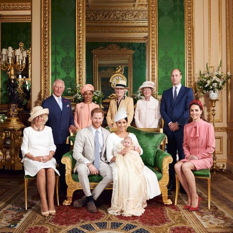 windsor, united kingdom – july 06 news editorial use only no commerical use no merchandising, advertising, souvenirs, memorabilia or colourably similar requires approval from royal communications no cropping in this official christening photograph supplied by the duke and duchess of sussex, prince harry, duke of sussex, meghan, duchess of sussex with their son, archie mountbatten windsor  pose for a photograph with l r camilla, duchess of cornwall, prince charles, prince of wales, ms doria ragland, lady jane fellowes, lady sarah mccorquodale, prince william, duke of cambridge and catherine, duchess of cambridge in the green drawing room at windsor castle on july 06, 2019 in windsor, united kingdom photo by chris allertonsussexroyal via getty images copyright in this photograph is vested in the duke and duchess of sussex publications are asked to credit the photographs to chris allertonsussexroyal no charge should be made for the supply, release or publication of the photograph the photograph must not be digitally enhanced, manipulated or modified in any manner or form and must include all of the individuals in the photograph when published