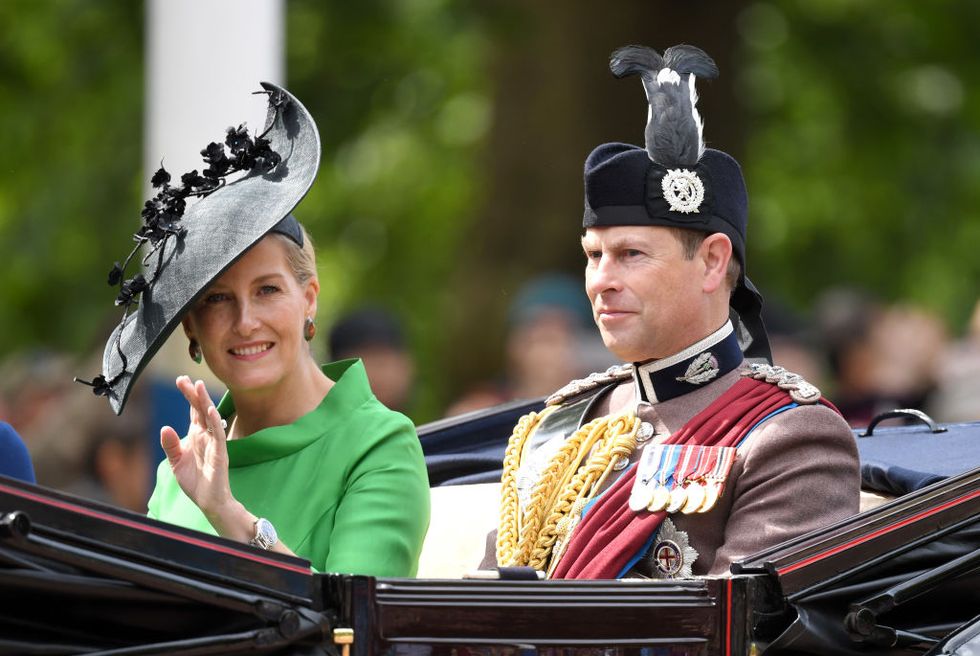 london, england   june 08 sophie, countess of wessex and prince edward, duke of wessex attend trooping the colour, the queens annual birthday parade, on june 08, 2019 in london, england photo by karwai tangwireimage