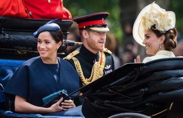 london, england   june 08 prince harry, duke of sussex meghan, duchess of sussex and catherine, duchess of cambridge ride by carriage down the mall during trooping the colour, the queens annual birthday parade, on june 08, 2019 in london, england photo by samir husseinsamir husseinwireimage