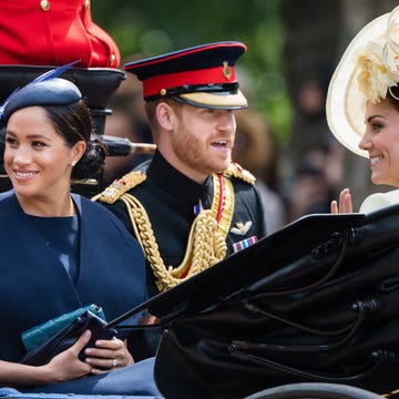 Trooping The Colour 2019 london, england june 08 prince harry, duke of sussex meghan, duchess of sussex and catherine, duchess of cambridge ride by carriage down the mall during trooping the colour, the queens annual birthday parade, on june 08, 2019 in london, england photo by samir husseinsamir husseinwireimage