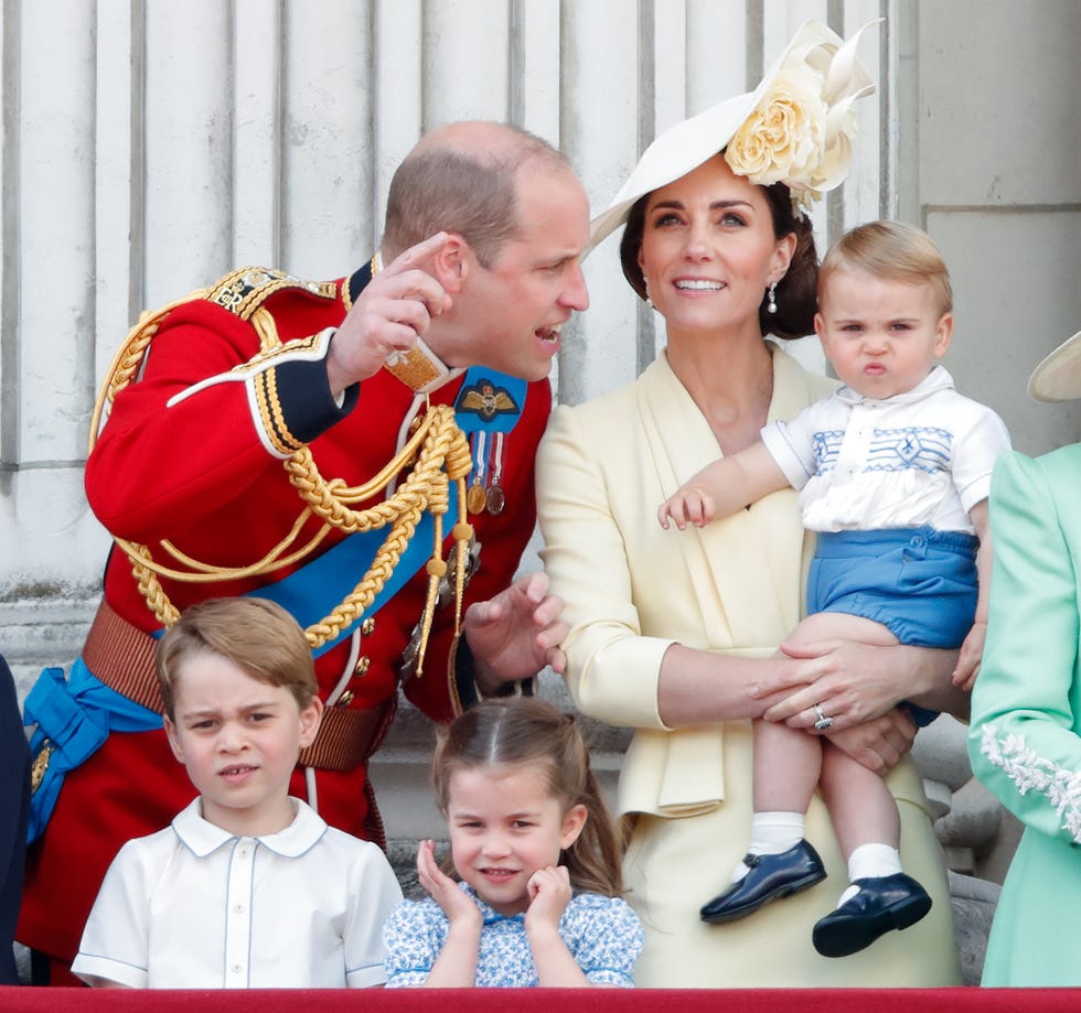 london, united kingdom june 08: (embargoed for publication in uk newspapers until 24 hours after create date and time) prince william, duke of cambridge, catherine, duchess of cambridge, prince louis of cambridge, prince george of cambridge and princess charlotte of cambridge on the balcony of buckingham palace during trooping the colour, the queens annual birthday parade, on june 8, 2019 in london, england. the annual ceremony involving over 1400 guardsmen and cavalry, is believed to have first been performed during the reign of king charles ii. the parade marks the official birthday of the sovereign, although the queens actual birthday is on april 21st. (photo by max mumby/indigo/getty images)
