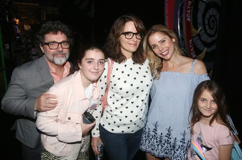 new york, ny   june 08 exclusive coverage l r jeff richmond, alice zenobia richmond, tina fey, kerry butler and penelope athena richmond pose backstage at the hit musical based on the film beetlejuice on broadway at the winter garden theatre on june 8, 2019 in new york cityphoto by bruce glikaswireimage