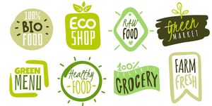 Organic food labels. Natural meal fresh products logo. Ecology farm bio food vector green premium badges