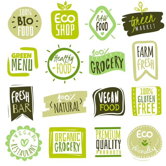 Organic food labels. Natural meal fresh products logo. Ecology farm bio food vector green premium badges