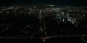 Night, Black, Sky, Water, City, Urban area, Light, Metropolitan area, Cityscape, Aerial photography, 