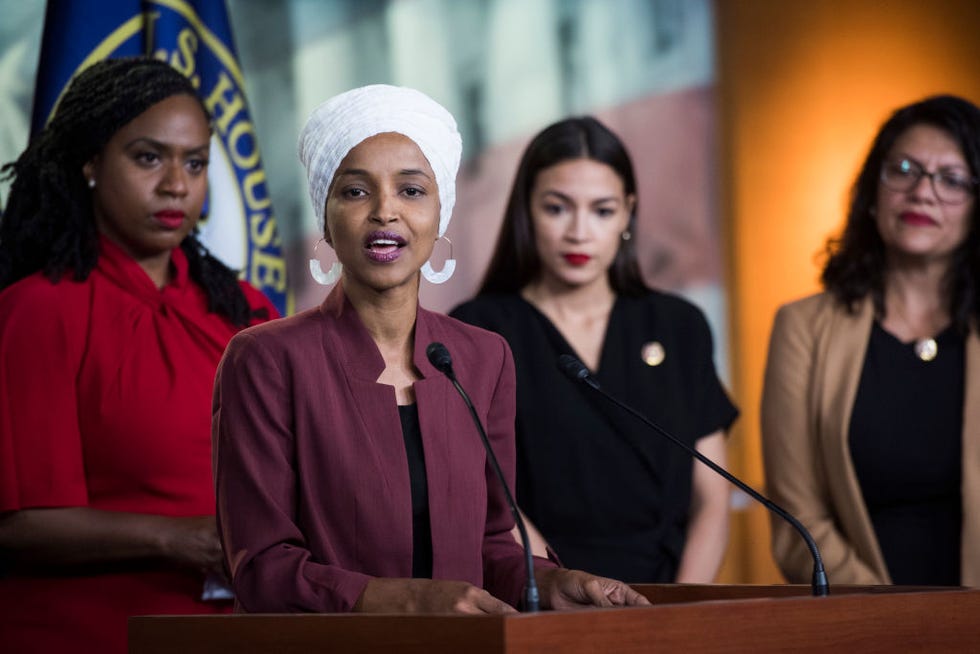 united states july 15 from left, reps ayanna pressley, d mass, ilhan omar, d minn, alexandria ocasio cortez, d ny, and rashida tlaib, d mich, conduct a news conference in the capitol visitor center responding to negative comments by president trump that were directed at the freshman house democrats on monday, july 15, 2019 photo by tom williamscq roll call