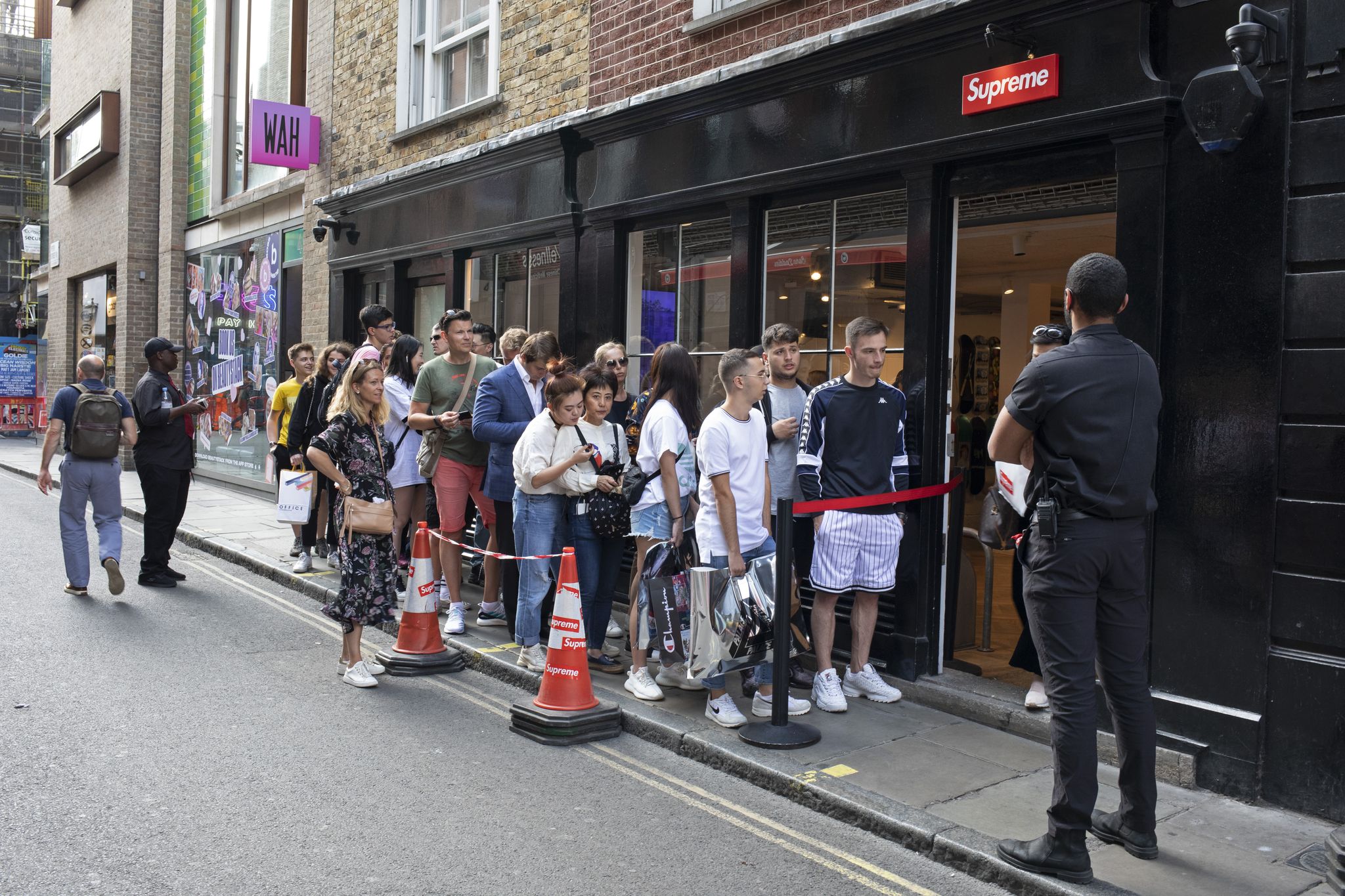 every thursday the fashion label supreme, which is a skateboarding shop  clothing brand releases new lines and so fans of the brand queue outside this shop in soho to be first in line for some original fashions in london, england, united kingdom photo by mike kempin pictures via getty images