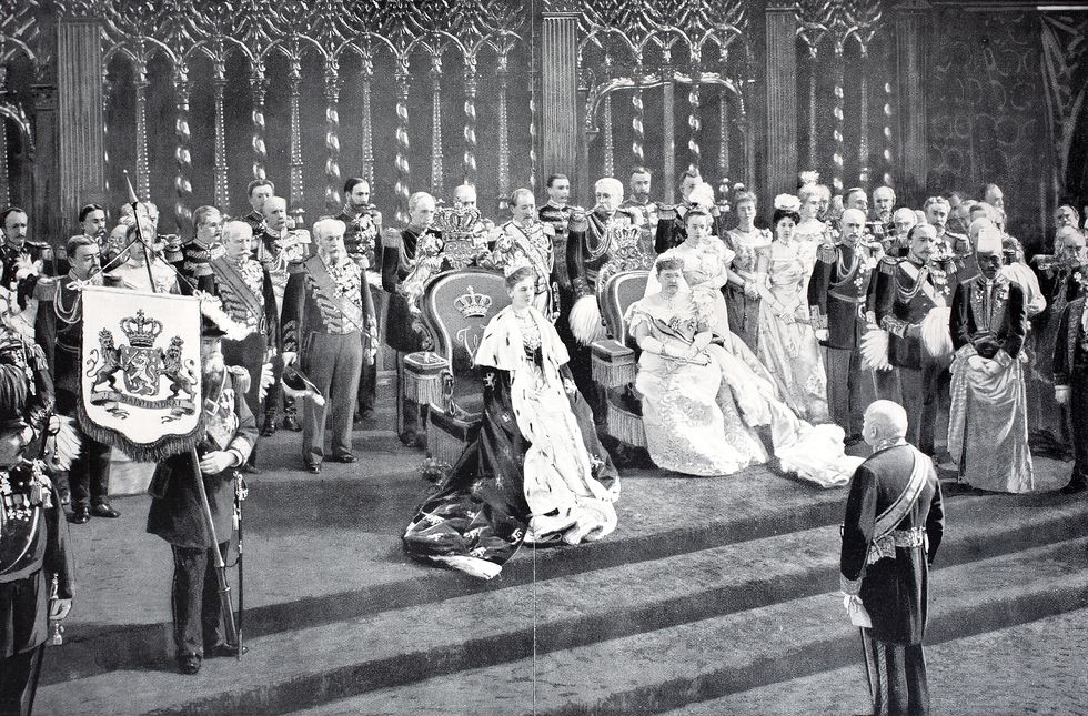 wilhelmina, queen of the netherlands, receives the tribute from the peoples representative, july 5, 1898, digital improved reproduction of an original from the year 1895 photo by bildagentur onlineuniversal images group via getty images