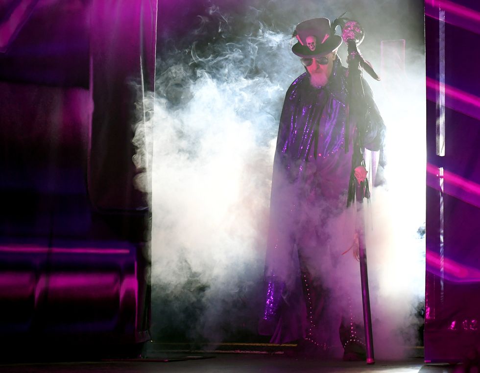 las vegas, nevada   june 29  singer rob halford of judas priest makes his entrance onstage on the final night of the bands firepower world tour at the joint inside the hard rock hotel  casino on june 29, 2019 in las vegas, nevada  photo by ethan millergetty images
