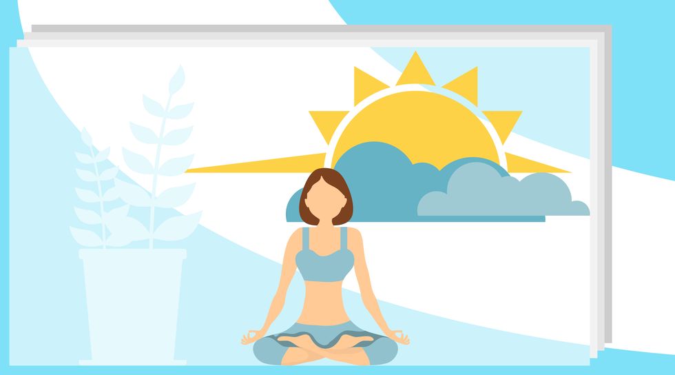 a woman is meditating in the lotus position vector illustration, concept of meditation during working hours, break, health benefits of the body, mind and emotions, thought process vector