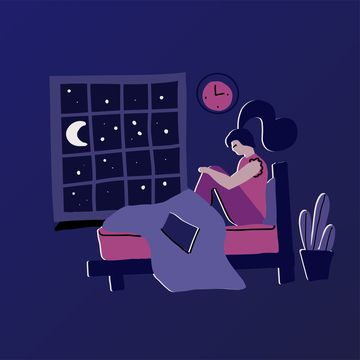 modern hand drawn flat concept with sad unhappy young woman sitting on a bed at night bed wirh blanket near window with moon