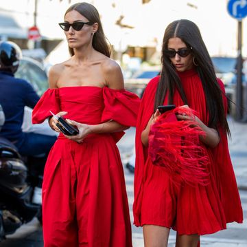 paris, france july 03 giorgia tordini and gilda ambrosio seen wearing red dress outside valentino during paris fashion week haute couture fallwinter 20192020 on july 03, 2019 in paris, france photo by christian vieriggetty images