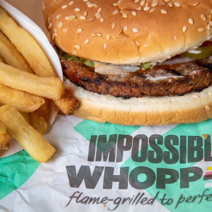 new york, ny   august 8 in this photo illustration, the new impossible whopper sits on a table on august 8, 2019 in the brooklyn borough of  new york city on thursday, burger king is launching its soy based impossible whopper at locations nationwide the meatless patties are produced by california tech startup impossible foods a single impossible whopper sandwich costs $599 photo by drew angerergetty images