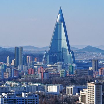 the skyline of pyongyang in north korea during winter