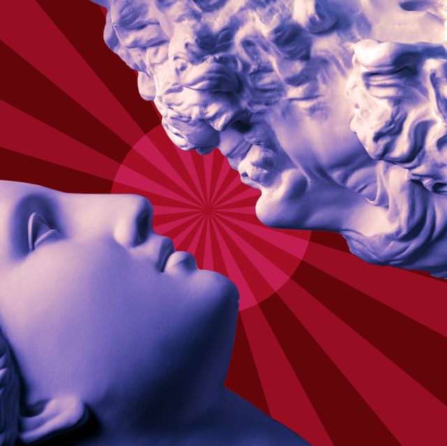 antique statues of woman and man heads closeup against the red background concept of music, style, vintage, love toned