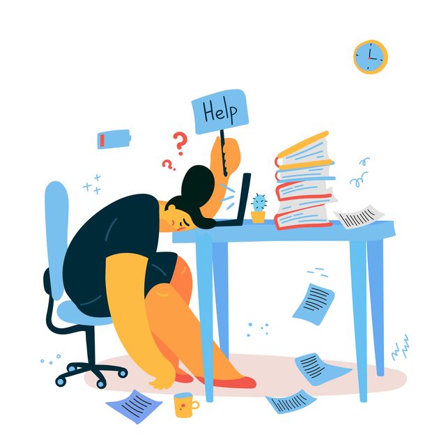 emotional burnout woman sitting at her working place with computer in office and holds the sign help,tired businesswoman with low battery,emotional burnout concepthard workvector illustration