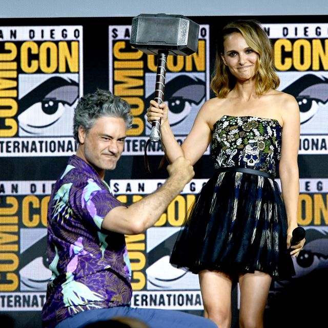 san diego, california   july 20 taika waititi and natalie portman speak at the marvel studios panel during 2019 comic con international at san diego convention center on july 20, 2019 in san diego, california photo by kevin wintergetty images