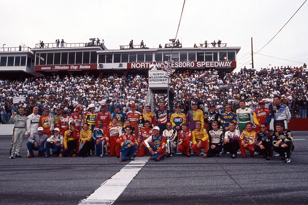 north wilkesboro, nc 1996 the entire field of nascar cup drivers assemble at the start finish line at north wilkesboro speedway prior to the running of one of the final cup races to be held at the historic facility photo by isc images archives via getty images