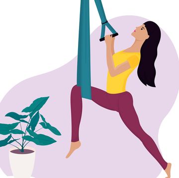 Young girl doing aerial yoga in a hammock. Landing page template.
