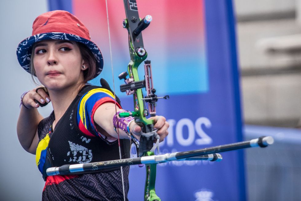 madrid, spain   august 25 in this handout image provided by the world archery federation, valentina acosta of colombia during the recurve junior women finals during the 2019 world archery youth championships on august 25, 2019 in madrid, spain photo by dean albergaworld archery federation via getty images