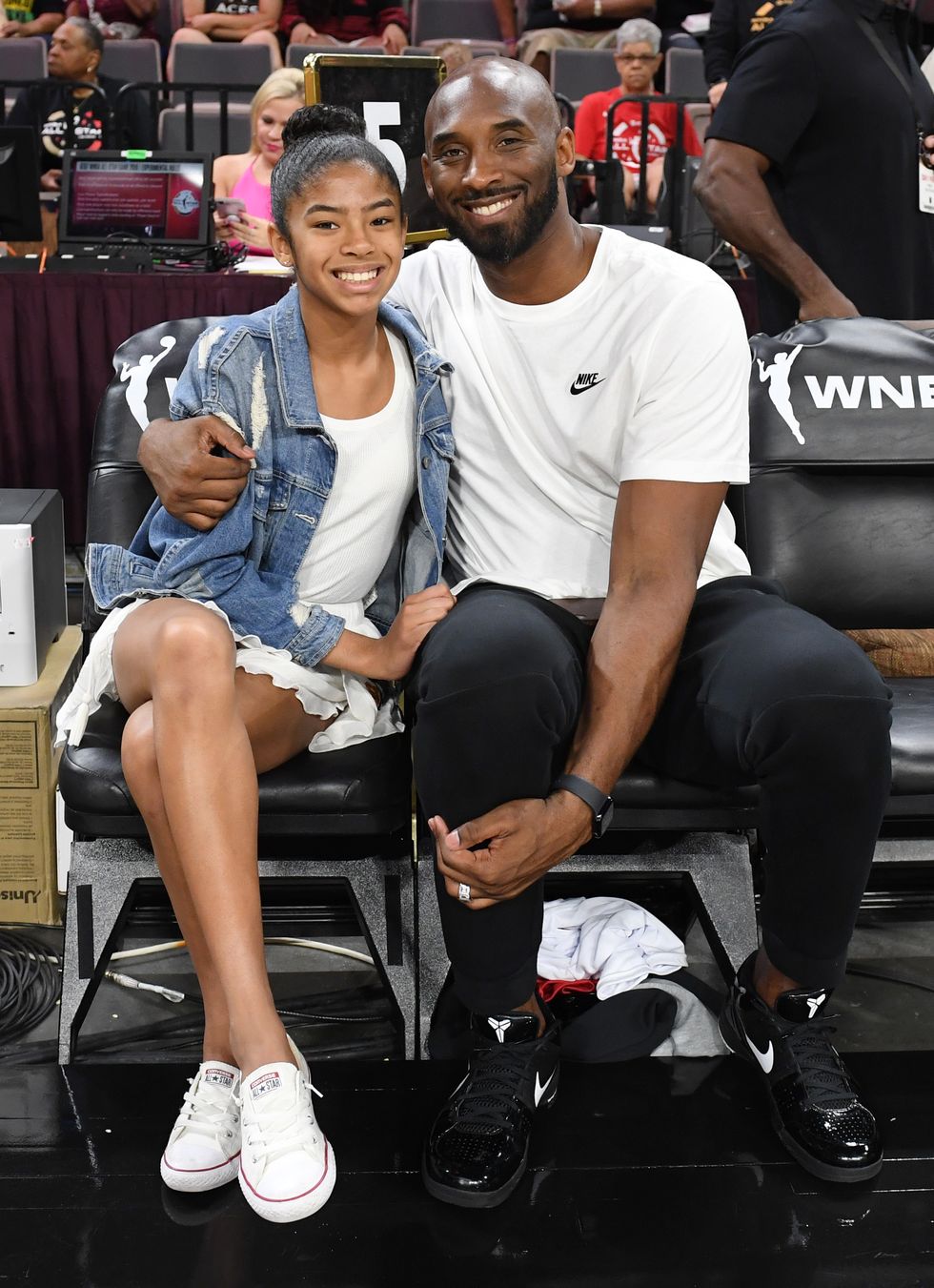 las vegas, nevada   july 27  gianna bryant and her father, former nba player kobe bryant, attend the wnba all star game 2019 at the mandalay bay events center on july 27, 2019 in las vegas, nevada note to user user expressly acknowledges and agrees that, by downloading and or using this photograph, user is consenting to the terms and conditions of the getty images license agreement  photo by ethan millergetty images