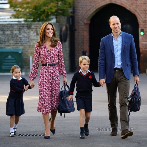 topshot   britains princess charlotte of cambridge, accompanied by her father, britains prince william, duke of cambridge, her mother, britains catherine, duchess of cambridge and brother, britains prince george of cambridge, arrives for her first day of school at thomass battersea in london on september 5, 2019 photo by aaron chown  pool  afp photo by aaron chownpoolafp via getty images