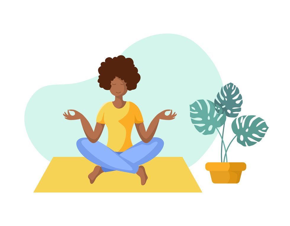 young african american woman doing yoga on mat, girl is in lotus pose doing exercise and meditation female character in flat style isolated figure and potted flower, vector illustration