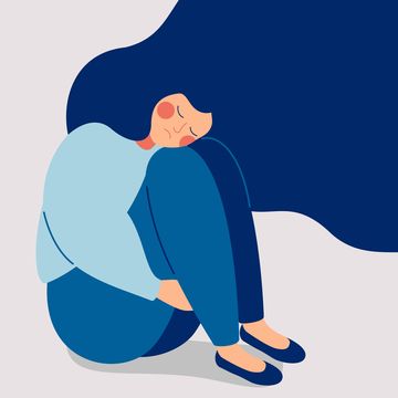 sad lonely woman in depression with flying hair young unhappy girl sitting and hugging her knees depressed teenager colorful vector illustration in flat cartoon style
