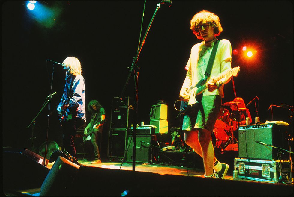 castaic, ca september 26 guitarist steve turner, guitarist and vocalist mark arm, bassist matt lukin, and drummer dan peters perform in mudhoney on september 26, 1992 at castaic lake natural amphitheater in castaic, california photo lindsay bricegetty images