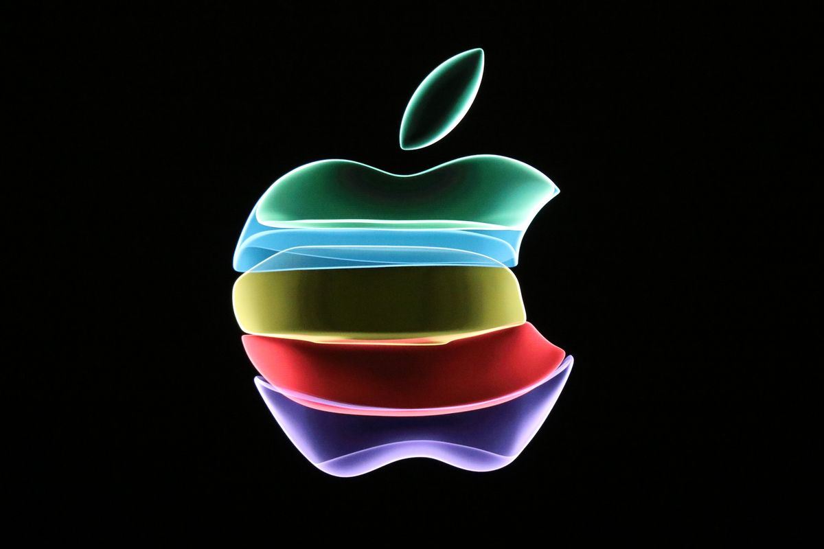 10 september 2019, us, cupertino the apple company logo on the stage of the steve jobs theater on the company campus apple presented three new iphone models, a new apple watch and a new ipad at the event photo christoph dernbachdpa photo by christoph dernbachpicture alliance via getty images