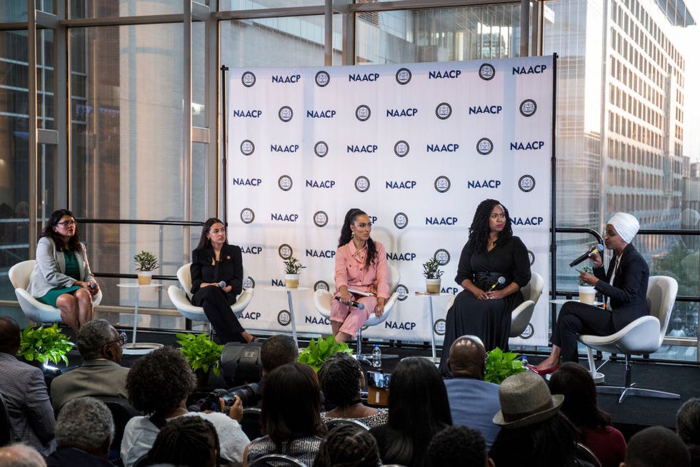 washington, dc september 11 rep rashida tlaib d mi, rep alexandria ocasio cortez d ny, rep ayanna pressley d ma, and rep ilhan omar d mn participate in a town hall hosted by the naacp moderated by cnn commentator angela rye, center, on september 11, 2019 in washington, dc