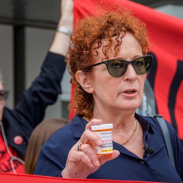 PURDUE PHARMA, STAMFORD, CT, UNITED STATES - 2019/09/12: Artist and Activist Nan Goldin - Members of P.A.I.N. (Prescription Addiction Intervention Now) and Truth Pharm staged a protest on September 12, 2019 outside Purdue Pharma headquarters in Stamford, over their recent controversial opioid settlement. Participants dropped hundreds prescription bottles of OxyContin while holding tombstones with the names of opioids casualties and banners reading "Shame on Sackler" and "200 Dead Each Day". (Photo by Erik McGregor/LightRocket via Getty Images)