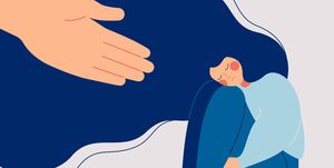 human hand helps a sad lonely woman to get rid of depression a young unhappy girl sits and hugs her knees the concept of support and care for people under stress vector illustration in flat style