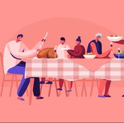 Big Family Thanksgiving Celebration Dinner Around Table with Food. Happy People Eating Meal and Talking Together, Cheerful Characters Group During Festive Lunch. Cartoon Flat Vector Illustration