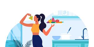 girl with healthy food flat vector illustration slim young woman in kitchen cartoon character vegetarian holding serving tray with fresh fruits and vegetables healthy lifestyle, vegan nutrition