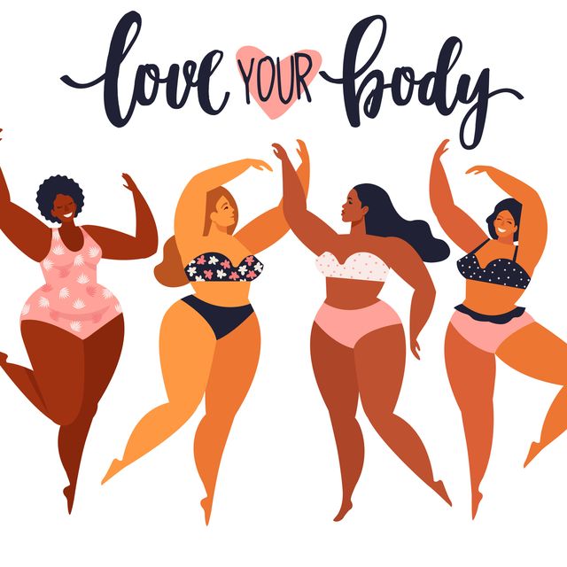 multiracial women of different height, figure type and size dressed in swimsuits standing in row female cartoon characters body positive movement and beauty diversity vector illustration
