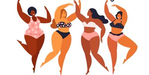 multiracial women of different height, figure type and size dressed in swimsuits standing in row female cartoon characters body positive movement and beauty diversity vector illustration